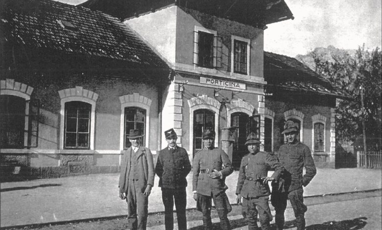 Der Bahnhof von Thörl mit italienischer Ortsbezeichnung „Porticina“ im Jahr 1919. © Archiv der Marktgemeinde Arnoldstein